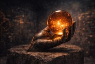 Mão de bronze esculpida segurando uma esfera âmbar translúcida e brilhante, apoiada sobre um monólito de pedra antiga e texturizada com engrenagens de metal enferrujado e caminhos de circuitos de metal desfocados ao fundo, em um espaço de museu escuro.