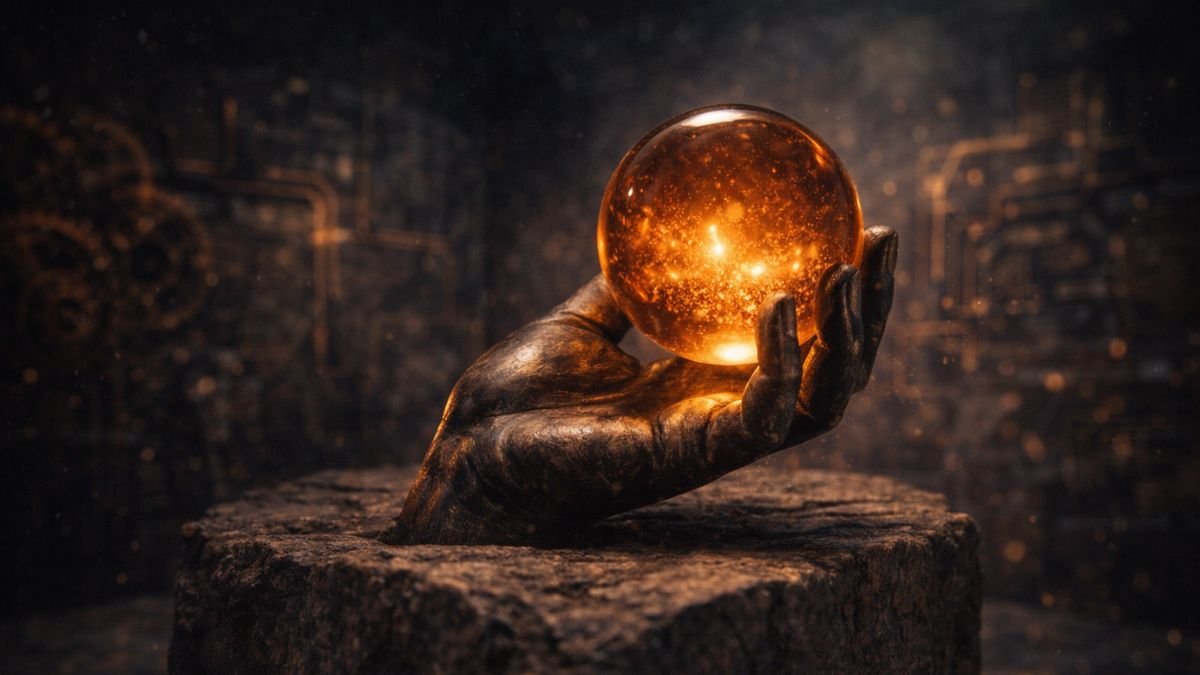 Mão de bronze esculpida segurando uma esfera âmbar translúcida e brilhante, apoiada sobre um monólito de pedra antiga e texturizada com engrenagens de metal enferrujado e caminhos de circuitos de metal desfocados ao fundo, em um espaço de museu escuro.