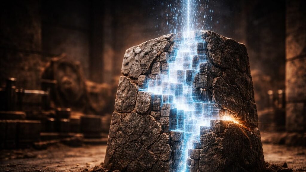 Estrutura complexa e fluida de blocos de cristal branco e azul incandescente crescendo em um monólito de pedra antiga e texturizada com engrenagens de metal enferrujado desfocadas ao fundo, em um museu escuro.