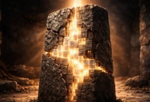 Monólito de pedra antiga e texturizada com uma estrutura complexa e fluida de blocos de cristal branco incandescente embutida, simbolizando o aprendizado contínuo como capital estratégico.