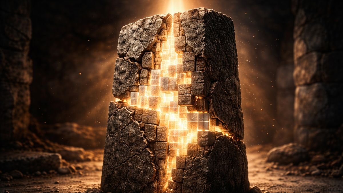 Monólito de pedra antiga e texturizada com uma estrutura complexa e fluida de blocos de cristal branco incandescente embutida, simbolizando o aprendizado contínuo como capital estratégico.