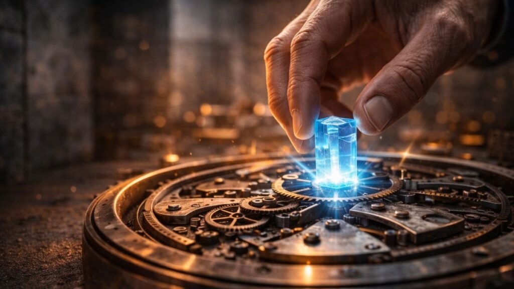 Mão madura e sutil ajustando uma peça de cristal azul incandescente no centro de um mecanismo de relógio de aço e cobre, em uma sala de concreto elegante.