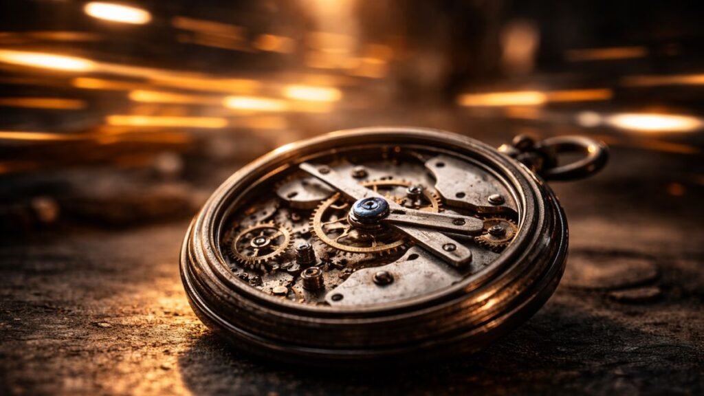 Close-up de um mecanismo de relógio de aço e cobre em freeze-frame, com trilhas de luzes caóticas douradas e brancas desfocadas ao fundo, em um workshop industrial escuro.