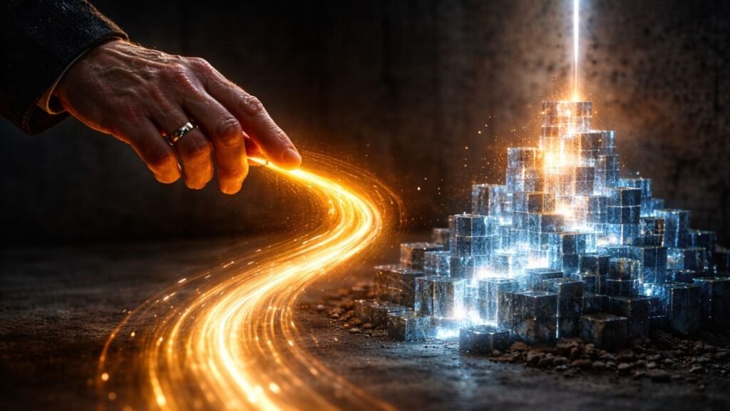 Mão madura e sutil redirecionando um feixe de luz âmbar que flui em direção a um labirinto de cristal azul incandescente, em uma sala de concreto escura.