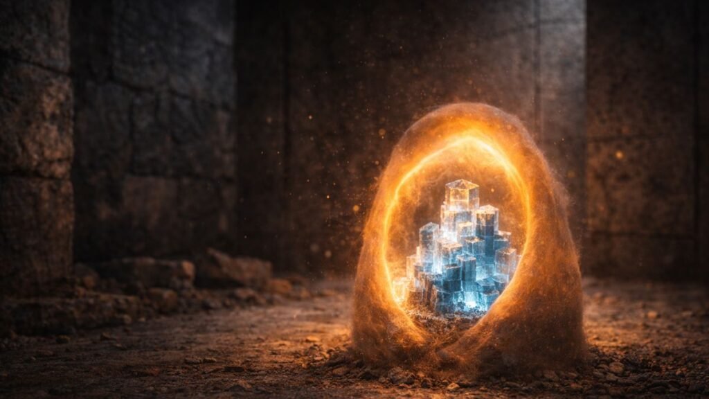 Cocoon de luz suave e quente envolvendo e protegendo um elemento frágil de cristal azul incandescente em uma sala brutalista de concreto e pedra texturizada.