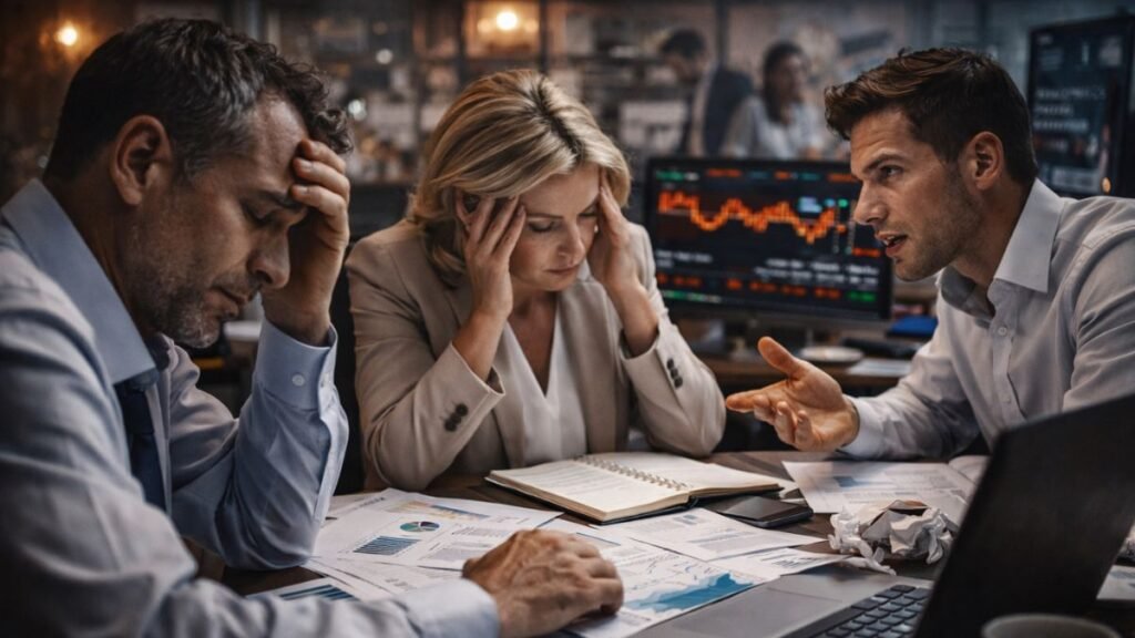 Equipe sob forte pressão em ambiente corporativo desorganizado com expressões de tensão simbolizando decisões críticas que afetam a experiência do cliente