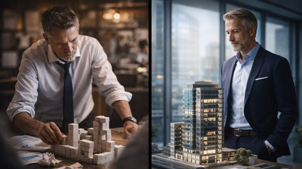 Ambiente corporativo com estrutura evoluindo ao longo do tempo através de camadas organizadas simbolizando impacto acumulado da liderança na experiência do cliente