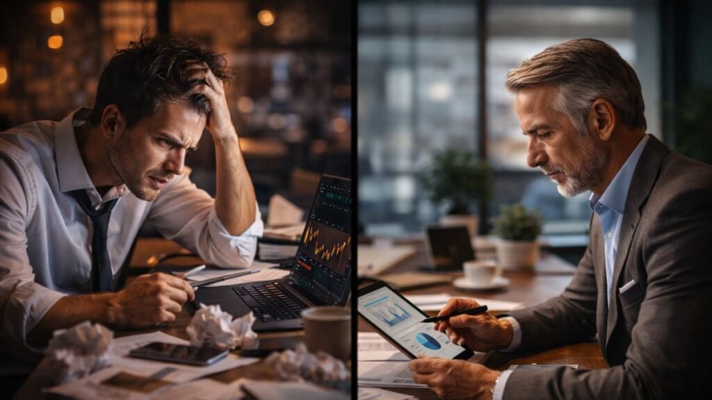 Ambiente corporativo dividido entre profissional sob pressão reagindo impulsivamente e outro analisando dados com calma simbolizando decisões que impactam a experiência do cliente