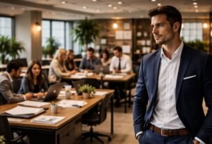 Líder em pé observando equipe trabalhando em ambiente corporativo organizado com iluminação suave simbolizando impacto da liderança na consistência da experiência do cliente