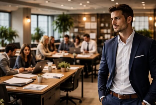 Líder em pé observando equipe trabalhando em ambiente corporativo organizado com iluminação suave simbolizando impacto da liderança na consistência da experiência do cliente
