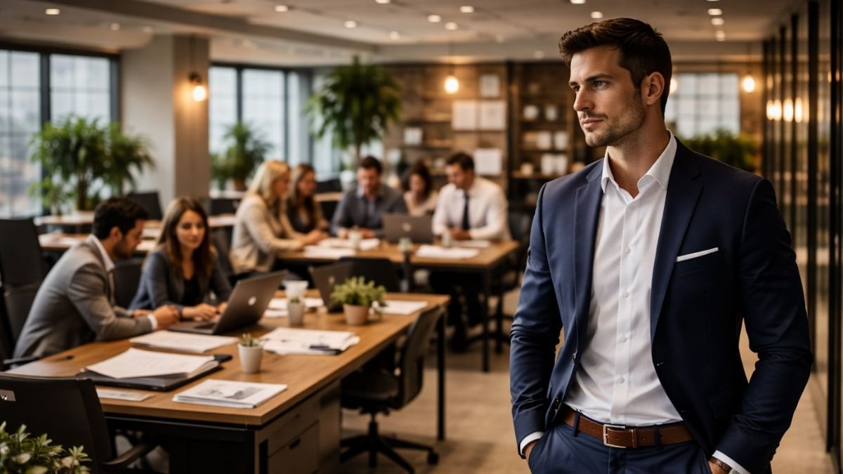 Líder em pé observando equipe trabalhando em ambiente corporativo organizado com iluminação suave simbolizando impacto da liderança na consistência da experiência do cliente