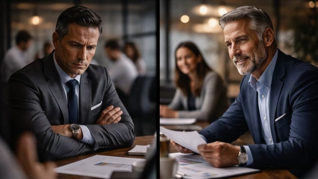 Dois líderes em contraste, um rígido e tenso e outro calmo e coerente em ambiente corporativo simbolizando diferença entre liderança frágil e madura na experiência do cliente