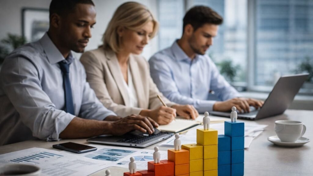 Equipe executando tarefas alinhadas em ambiente corporativo organizado com ritmo consistente simbolizando redução de variabilidade na experiência do cliente