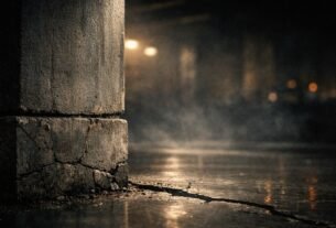 Estrutura sólida aparentemente intacta em ambiente escuro com pequenas fissuras discretas sob iluminação dramática, simbolizando estabilidade ilusória.