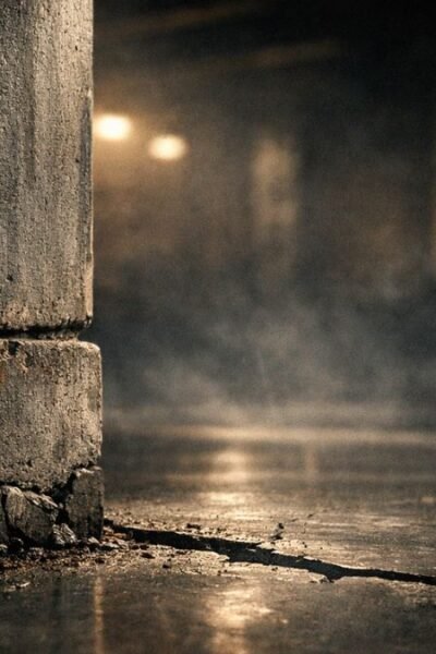 Estrutura sólida aparentemente intacta em ambiente escuro com pequenas fissuras discretas sob iluminação dramática, simbolizando estabilidade ilusória.