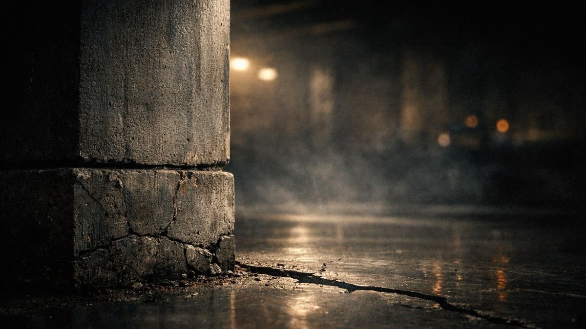 Estrutura sólida aparentemente intacta em ambiente escuro com pequenas fissuras discretas sob iluminação dramática, simbolizando estabilidade ilusória.