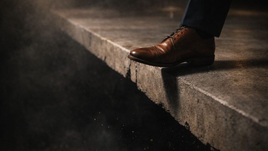 Sapato social masculino posicionado na borda de uma superfície de concreto com grande profundidade escura abaixo, sugerindo risco e limite decisório.