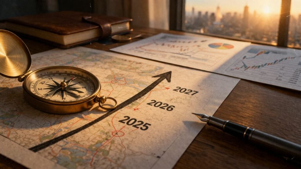 Bússola metálica sobre mapa com linha ascendente marcada ao longo dos anos e documentos financeiros ao fundo, iluminados por luz quente de fim de tarde.