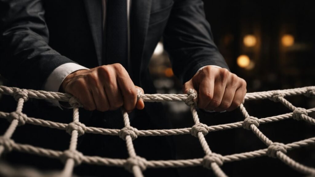 Mãos de um adulto em traje formal segurando firmemente uma rede de corda sob iluminação controlada, simbolizando apoio, segurança e dependência estrutural.