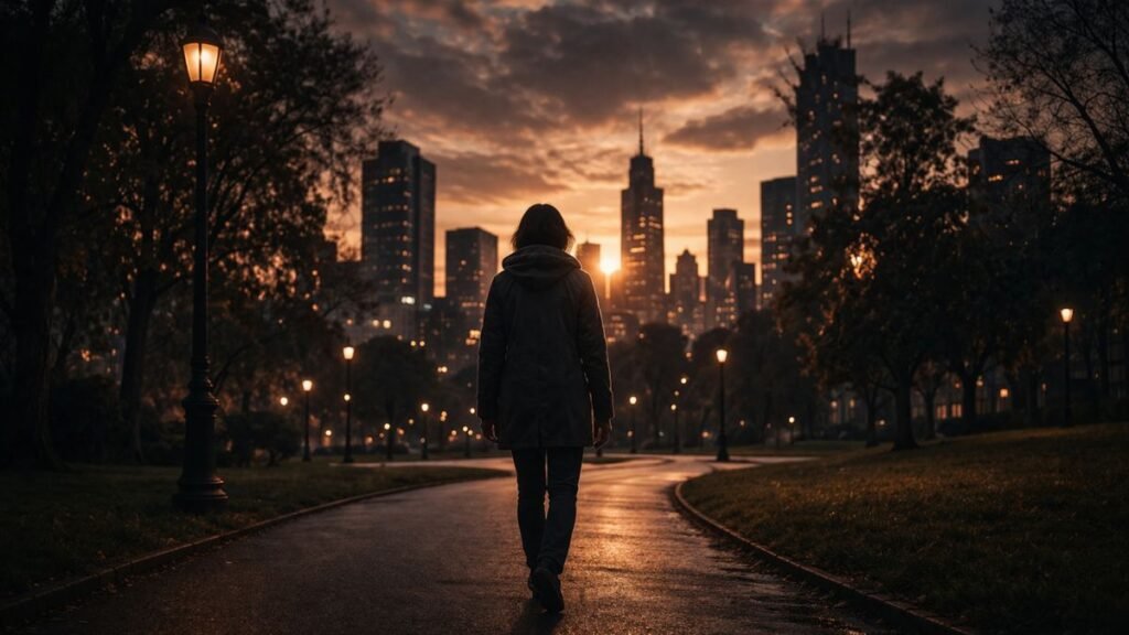 Pessoa caminhando em ambiente urbano ao entardecer