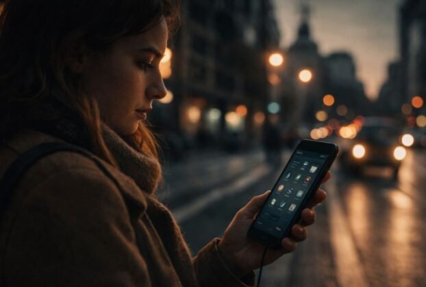 Pessoa usando aplicativo de serviços públicos em ambiente urbano