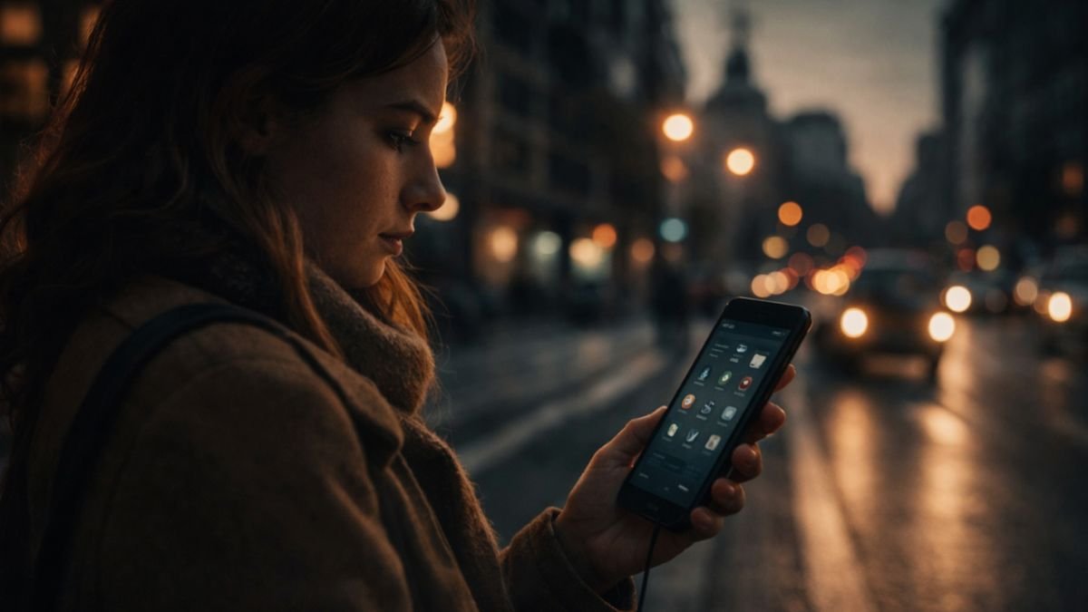 Pessoa usando aplicativo de serviços públicos em ambiente urbano