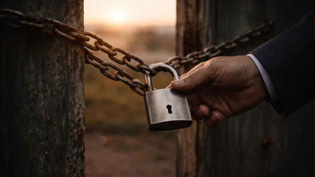 Mão adulta fechando cadeado metálico em corrente presa a portão de madeira desgastado ao pôr do sol, simbolizando decisão definitiva e bloqueio de saída.