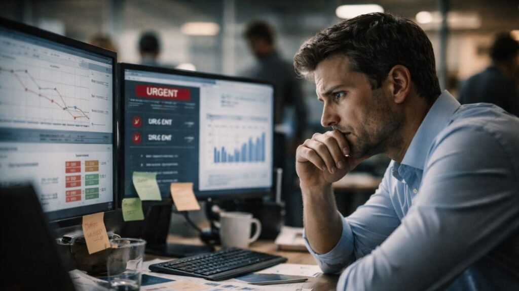 Profissional visivelmente tenso olhando indicadores de desempenho em tela enquanto ambiente ao redor transmite urgência simbolizando ansiedade comercial