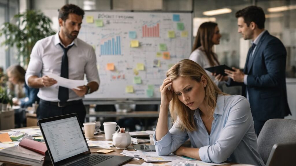 Equipe comercial em ambiente desorganizado com múltiplas informações conflitantes simbolizando falha estrutural na construção da experiência do cliente