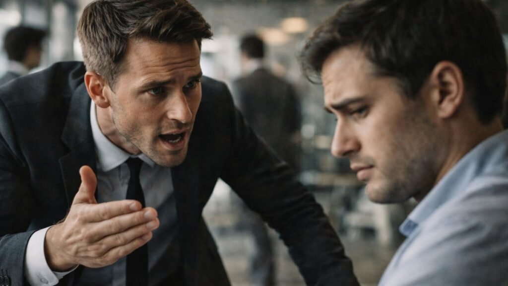 Vendedor falando de forma intensa enquanto cliente demonstra desconforto e olhar evasivo simbolizando percepção de pressão na experiência do cliente