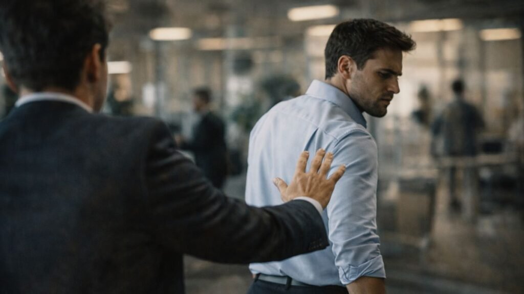 Cliente afastando-se após interação comercial enquanto vendedor permanece em postura insistente simbolizando rejeição causada por experiência negativa