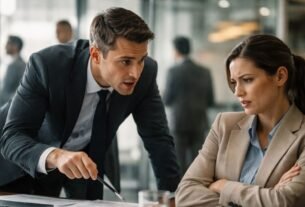 Cliente em postura retraída enquanto vendedor inclina o corpo de forma insistente em ambiente corporativo elegante simbolizando pressão comercial causada por experiência fraca