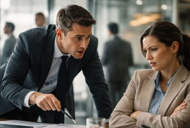 Cliente em postura retraída enquanto vendedor inclina o corpo de forma insistente em ambiente corporativo elegante simbolizando pressão comercial causada por experiência fraca