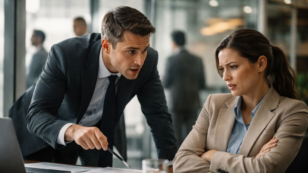 Cliente em postura retraída enquanto vendedor inclina o corpo de forma insistente em ambiente corporativo elegante simbolizando pressão comercial causada por experiência fraca