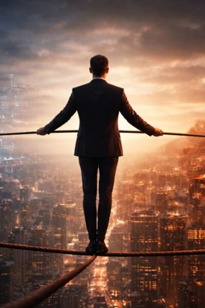 Homem de terno equilibrando-se em uma corda sobre uma cidade ao entardecer, com um lado representando estímulos impulsivos e o outro representando dados e estruturas estratégicas.