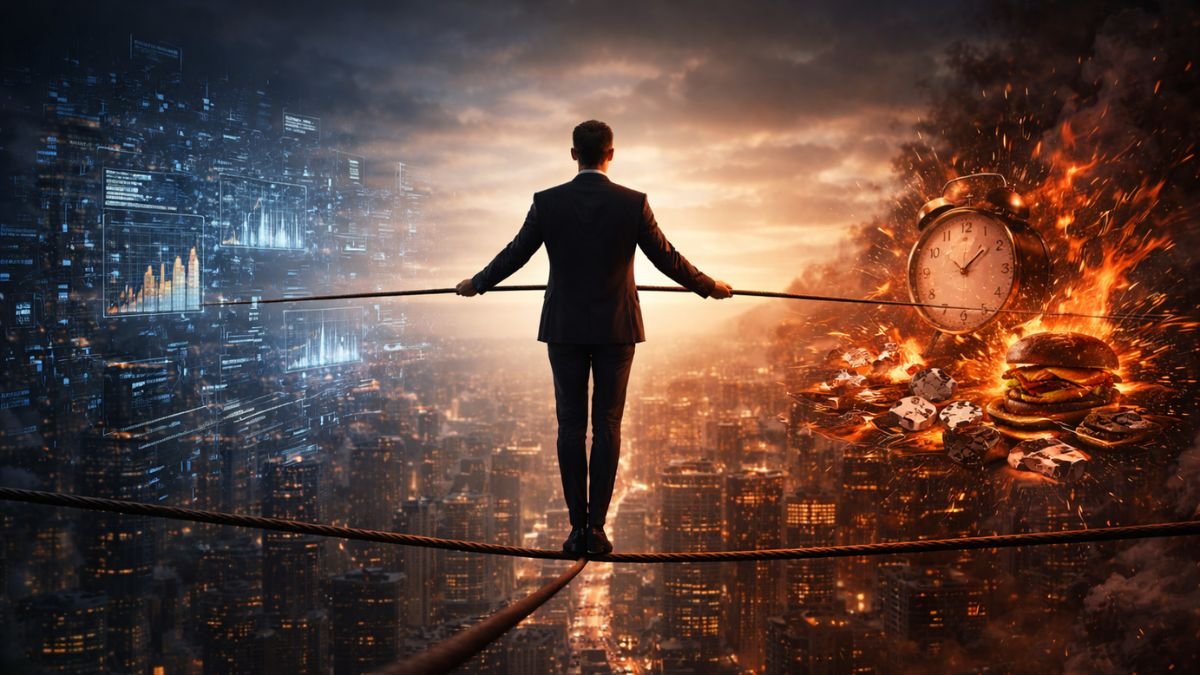 Homem de terno equilibrando-se em uma corda sobre uma cidade ao entardecer, com um lado representando estímulos impulsivos e o outro representando dados e estruturas estratégicas.