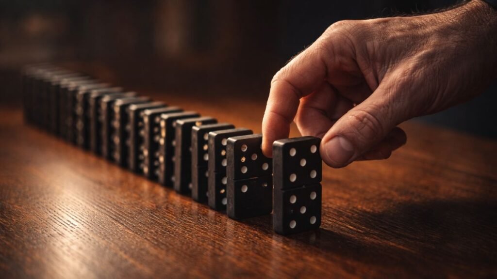 Mão adulta posicionando cuidadosamente a primeira peça de dominó em uma longa sequência alinhada sobre uma mesa de madeira escura, iluminada por luz quente.
