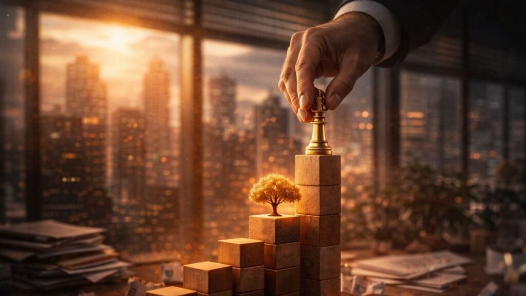 Mão posicionando peça de xadrez no topo de estrutura crescente em ambiente corporativo ao pôr do sol, simbolizando decisões estratégicas acumuladas e construção de valor na customer experience ao longo do tempo