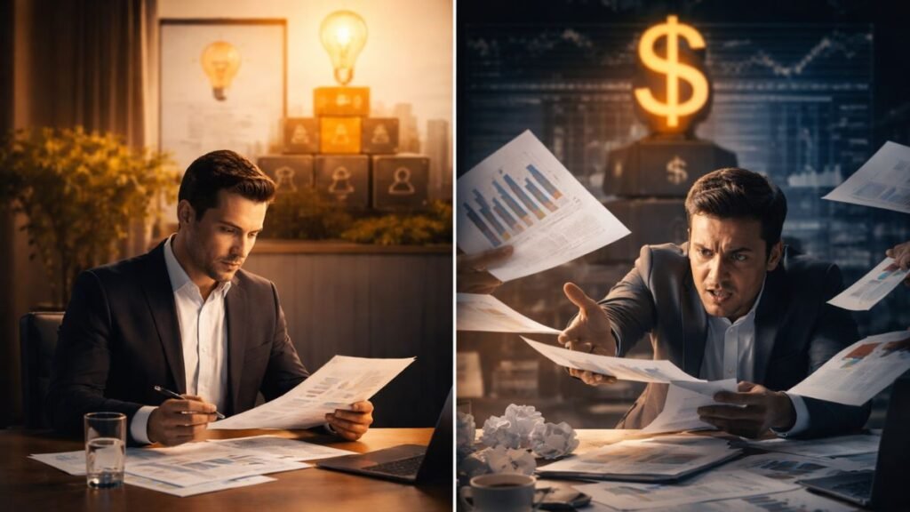 Contraste entre decisão deliberada e reação impulsiva em ambiente corporativo representando impacto do lucro imediato na customer experience