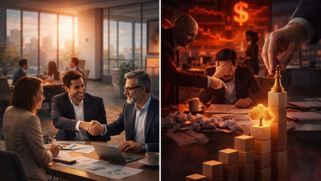 Aperto de mãos entre executivos simbolizando confiança construída e consistência na customer experience
Função editorial: Contraste entre empresa madura e empresa reativa