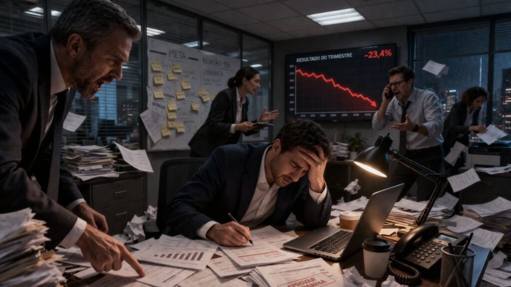 Ambiente corporativo caótico com excesso de papéis e pressão operacional representando impacto negativo na experiência do cliente