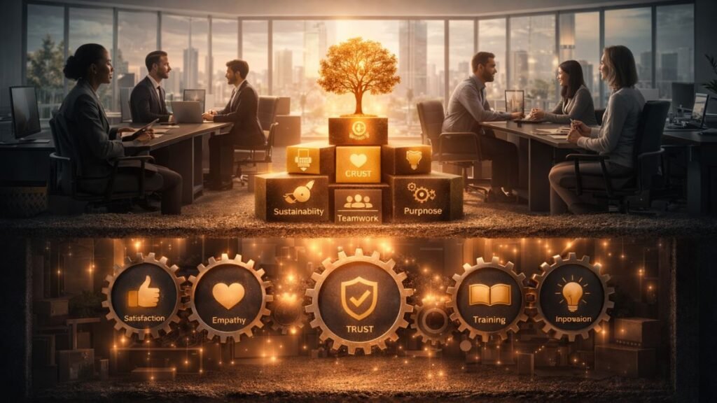 Equipe corporativa alinhada analisando dados como metáfora de processos estruturados que sustentam a customer experience