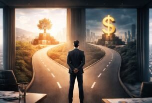 Executivo analisando modelo de cidade corporativa como metáfora de decisões estratégicas orientadas por propósito e customer experience de longo prazo