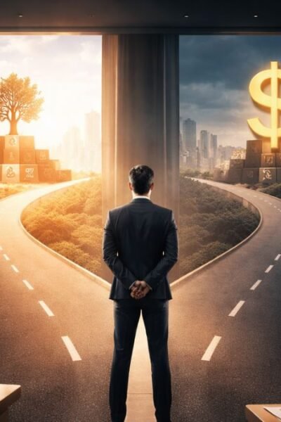 Executivo analisando modelo de cidade corporativa como metáfora de decisões estratégicas orientadas por propósito e customer experience de longo prazo