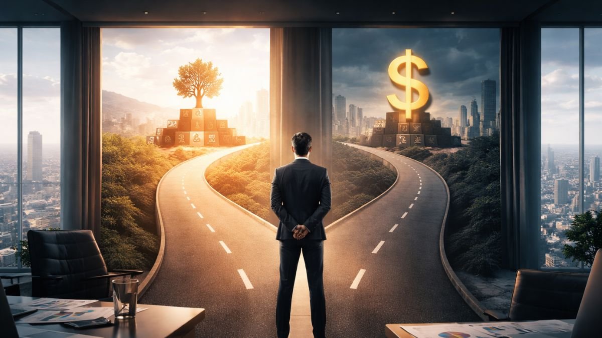 Executivo analisando modelo de cidade corporativa como metáfora de decisões estratégicas orientadas por propósito e customer experience de longo prazo