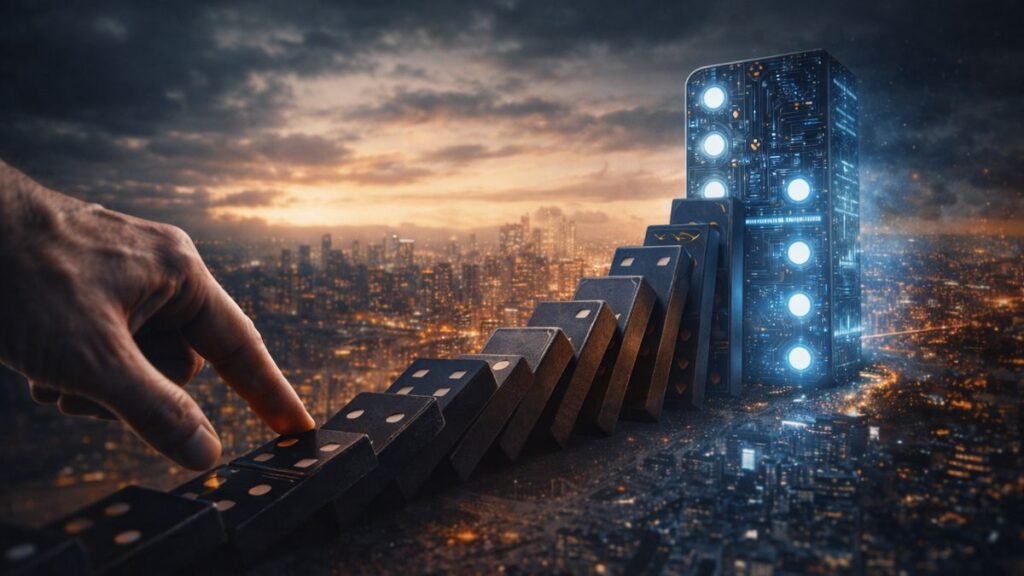 Mão adulta empurrando a primeira peça de dominó sobre uma superfície elevada com uma cidade ao fundo, enquanto as peças crescem em escala até atingir uma estrutura tecnológica luminosa.