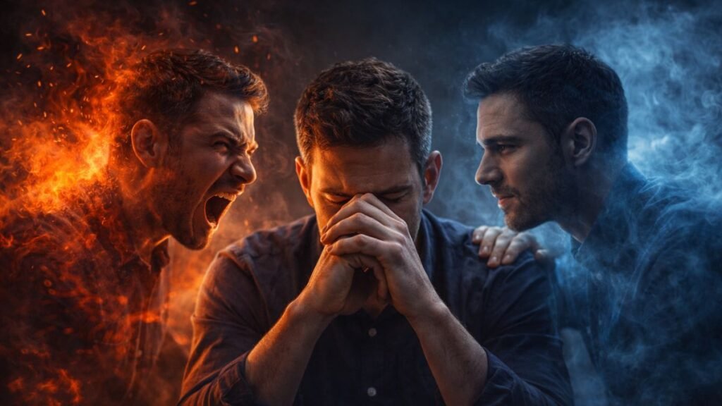 Homem sentado em reflexão com duas representações emocionais ao redor — uma figura agressiva em chamas e outra calma em luz azul — simbolizando o conflito interno entre impulso emocional e autocontrole.