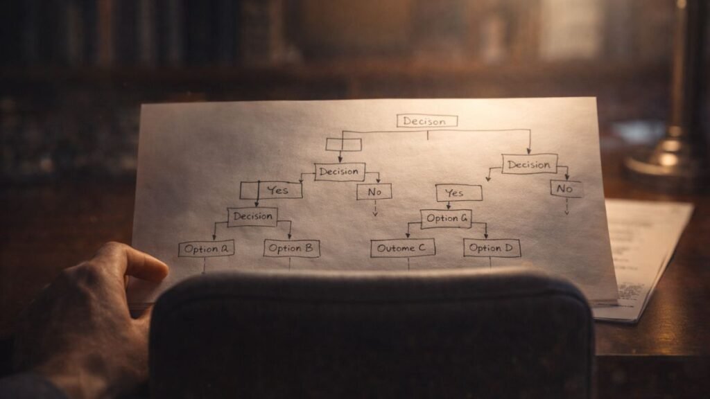 Mão adulta segurando uma folha com um diagrama de árvore de decisão desenhado à mão sobre uma mesa de madeira, iluminada por luz quente em um ambiente de escritório.
