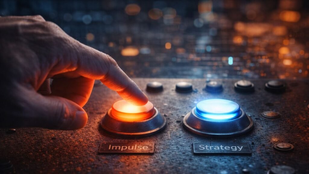 Mão adulta pressionando um botão iluminado em vermelho enquanto outro botão azul permanece ao lado em um painel metálico, representando a tensão entre impulso e decisão estratégica.