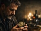 Homem adulto em ambiente escuro observando relógio mecânico enquanto ao fundo luzes difusas representam consumo e distração.